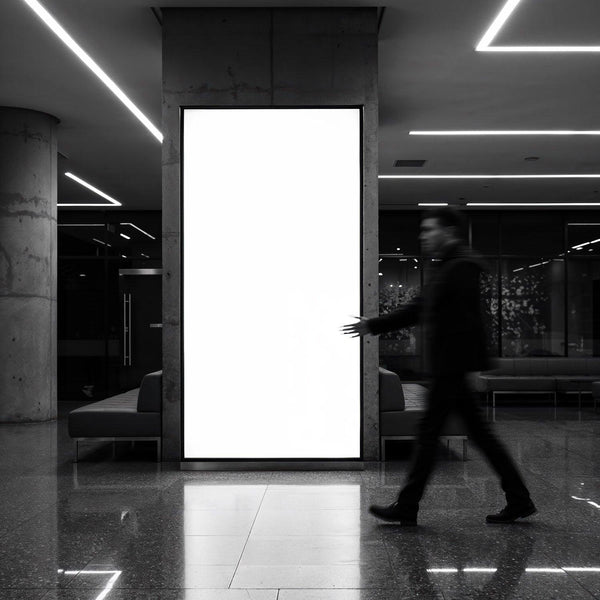 Blurred man walking past illuminated blank billboard indoors JPG Mockup Image