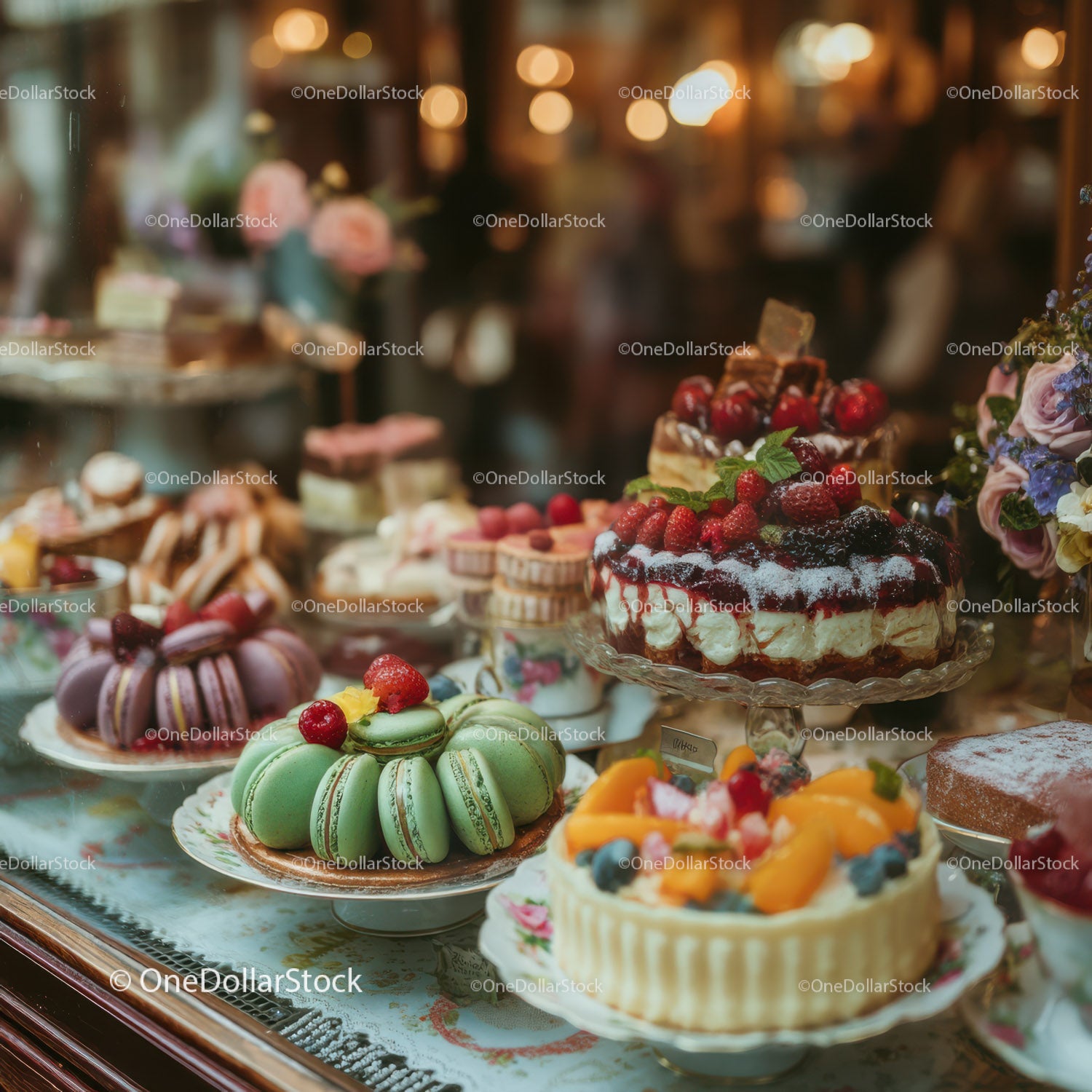 Assorted Colorful Cakes and Fruit-Topped Pastries Display