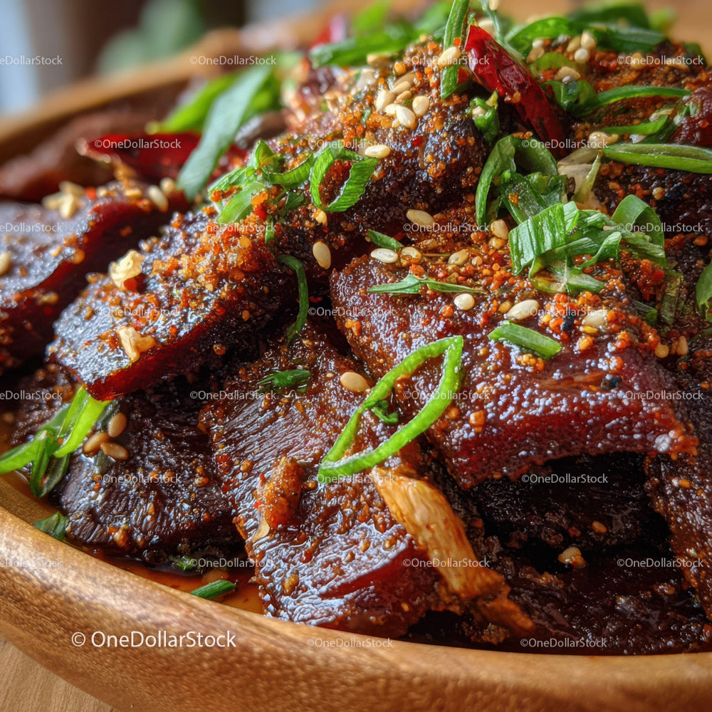 Succulent Glazed Beef Chunks with Green Scallions and Sesame Seeds