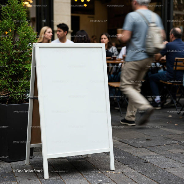 Blank White Sidewalk Sign Outside Busy Café JPG Mockup Image