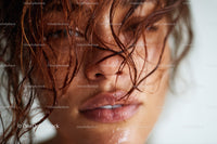 Close-up of a Woman with Wet Red Hair and Moisturized Skin