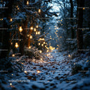 Snowy forest path adorned with glowing warm lights