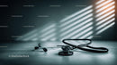 Stethoscope on clinical table with geometric light pattern in background