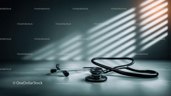 Stetoskop na klinicznym stole z geometrycznym wzorem światła w tle