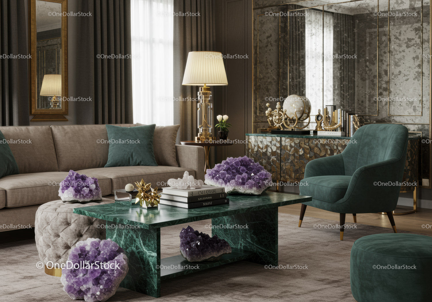 Elegancki salon z zielonymi akcentami i kryształową dekoracją