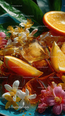 Fresh Orange Slices and Ice Cubes Surrounded by Tropical Flowers
