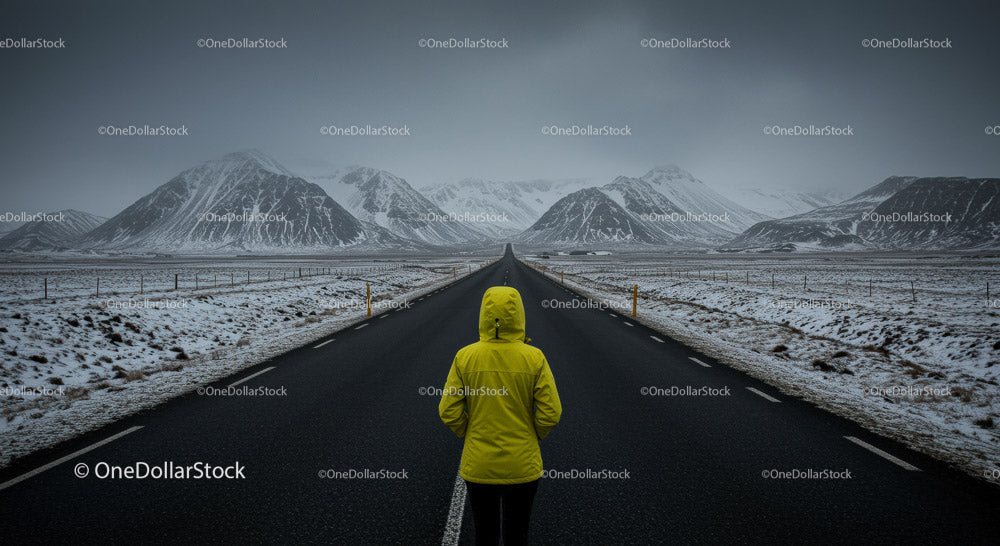Lonely Traveler in Yellow Jacket on Snow-Covered Road