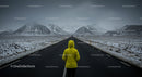 Lonely Traveler in Yellow Jacket on Snow-Covered Road