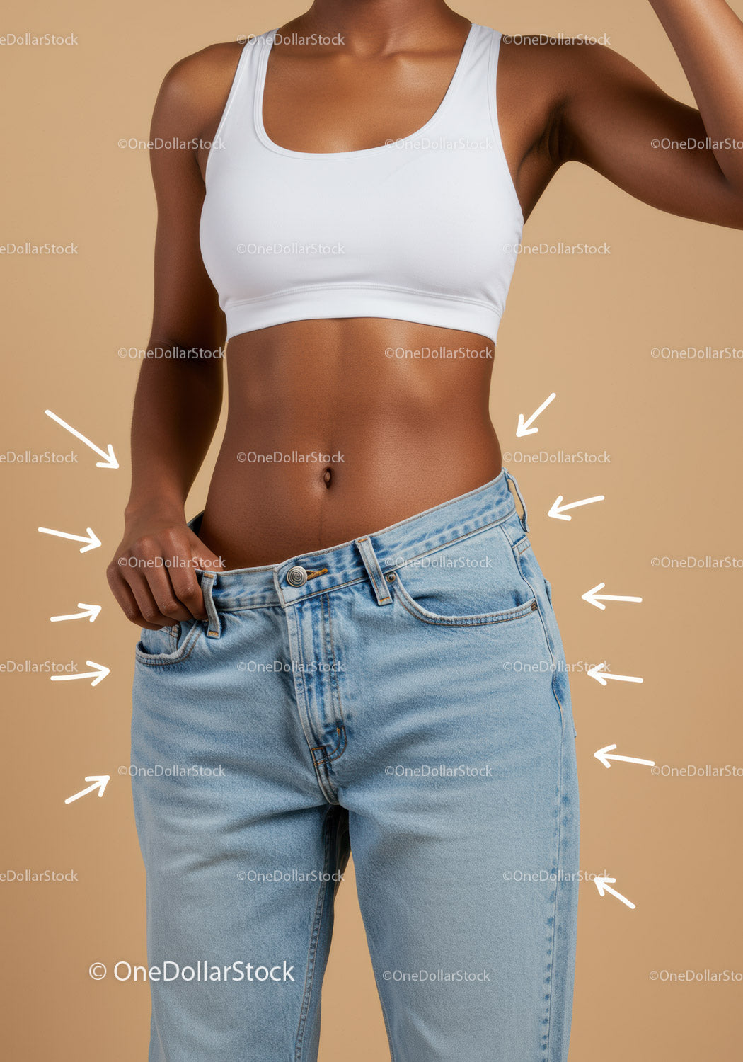 Stylish Woman in Crop Top and Blue Jeans Showing Toned Midsection