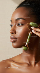 Elegant Woman Using Jade Roller for Skin Care Routine