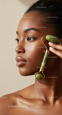 Elegant Woman Using Jade Roller for Skin Care Routine