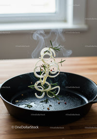 Fresh onion rings and herbs sizzling in pan