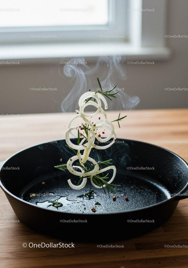 Fresh onion rings and herbs sizzling in pan