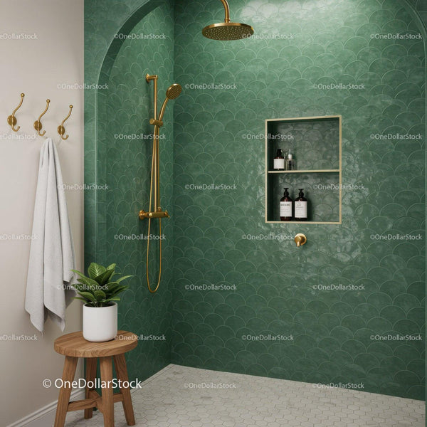 Modern green tiled shower with gold fixtures and wooden stool