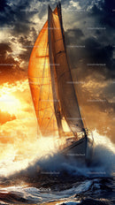 Dramatic Sunset Sailboat Riding Ocean Waves with High Sails