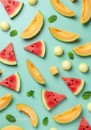 Fresh watermelon and cantaloupe slices with mint leaves