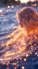 Woman with Glowing Hair and Sparkling Light by Water Scene