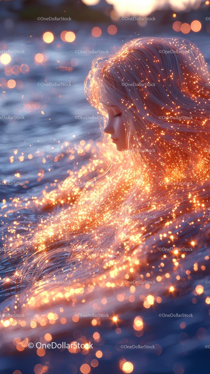 Woman with Glowing Hair and Sparkling Light by Water Scene