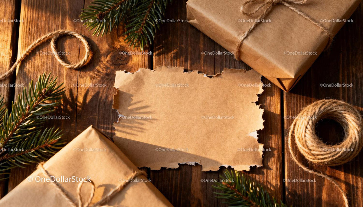 Rustic Christmas gifts with blank torn paper note