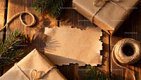 Rustic Christmas gifts with blank torn paper note
