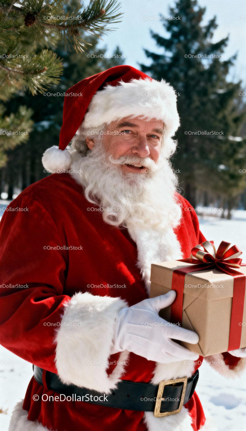 Smiling Santa Claus Holding Gift Outdoors in Winter