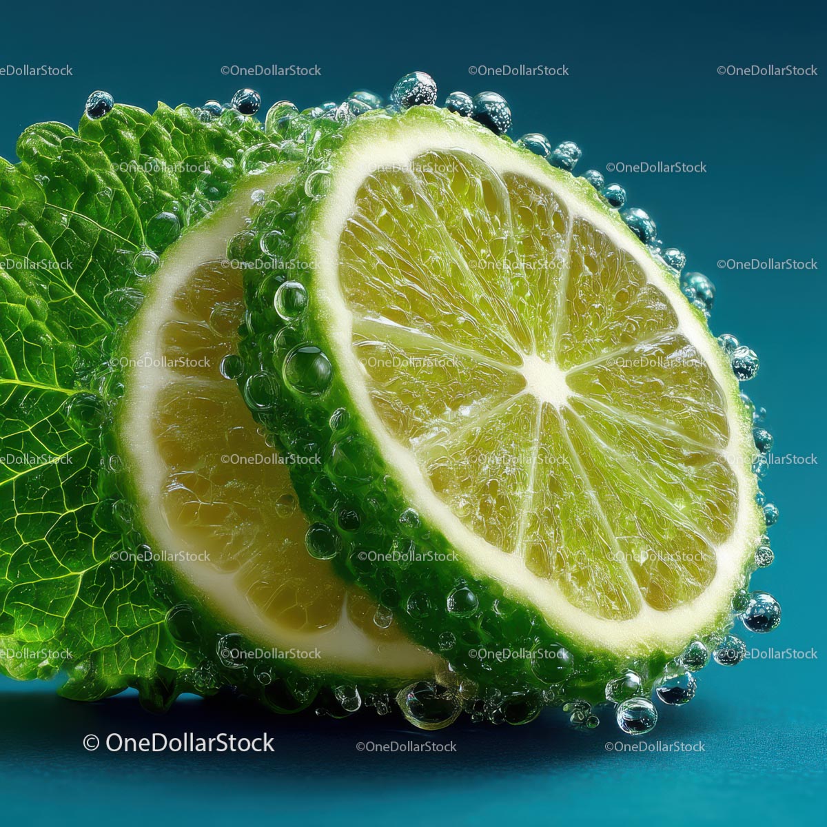 Close-Up of Fresh Lime with Mint Leaf and Water Droplets