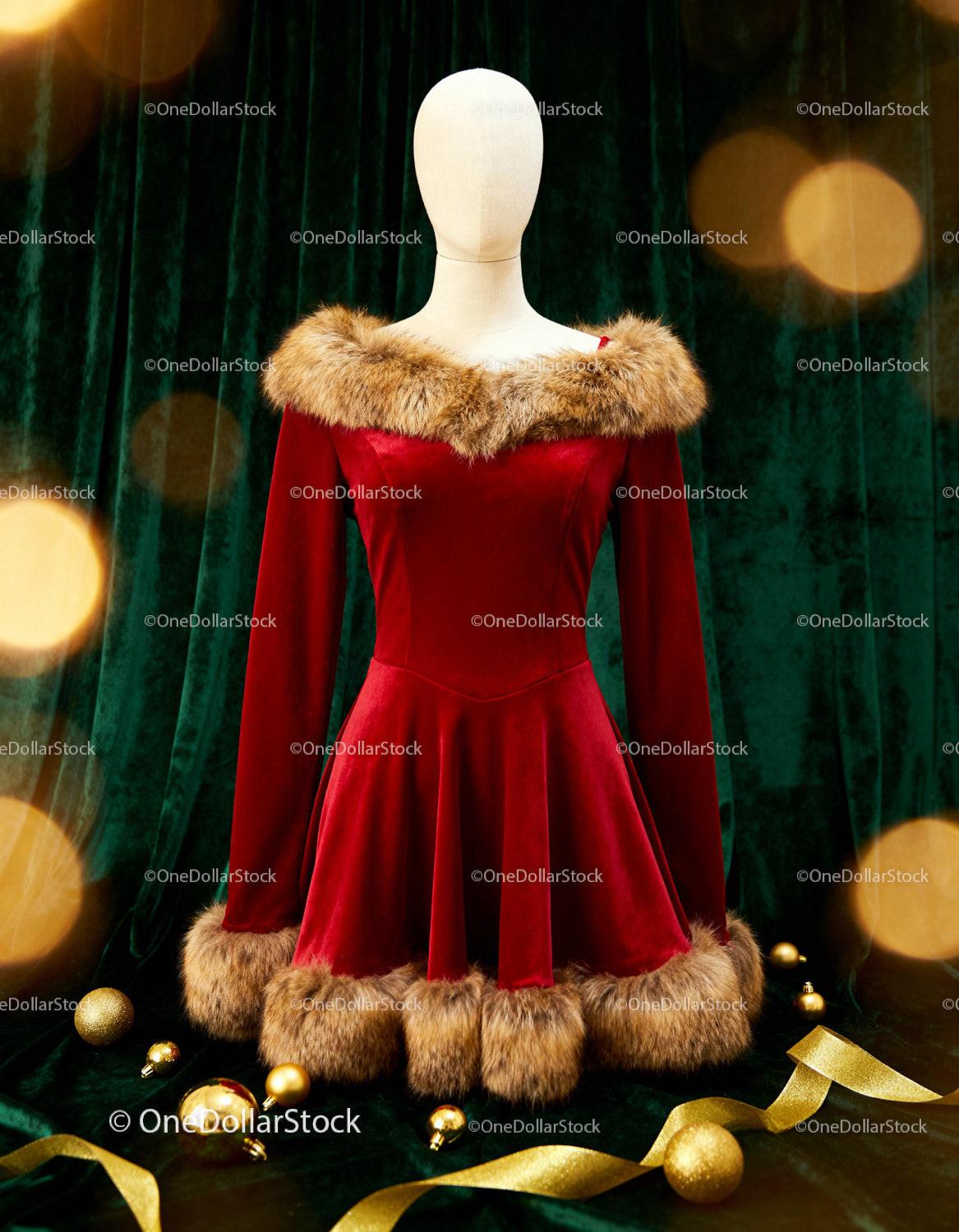 Red Velvet Dress with Fur Trim on Mannequin