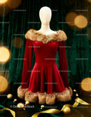 Red Velvet Dress with Fur Trim on Mannequin