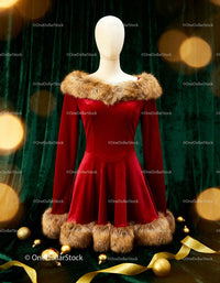 Red Velvet Dress with Fur Trim on Mannequin