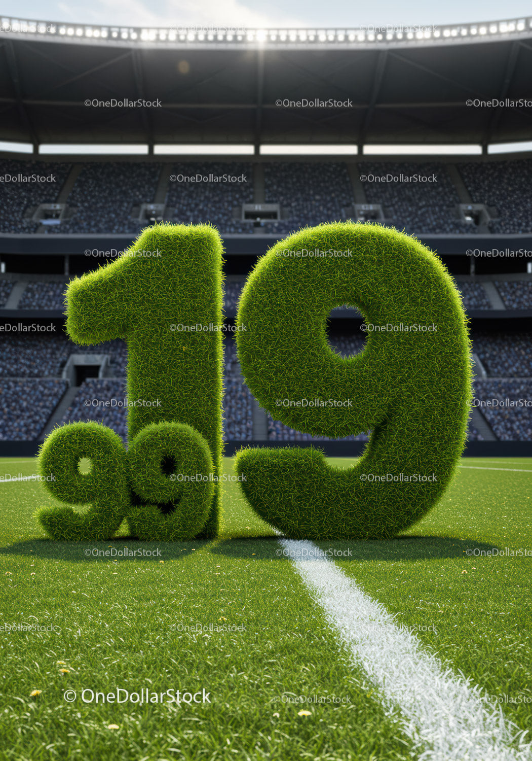 Large Grass Numbers on Football Field with Stadium Lights