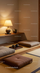 Cozy Japanese tea corner with cushions and warm light