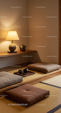 Cozy Japanese tea corner with cushions and warm light