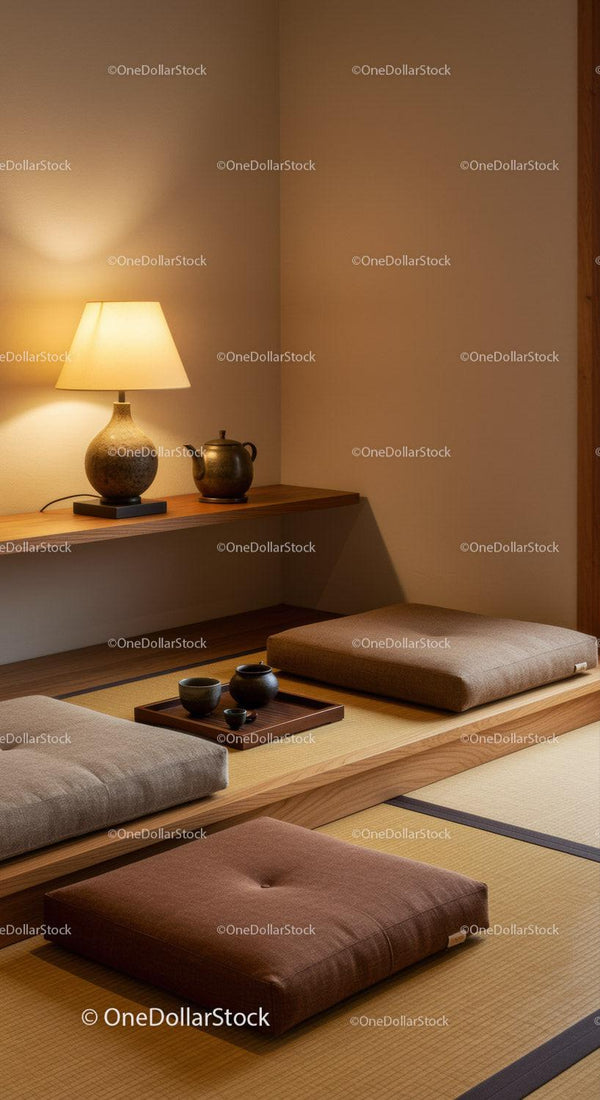 Cozy Japanese tea corner with cushions and warm light