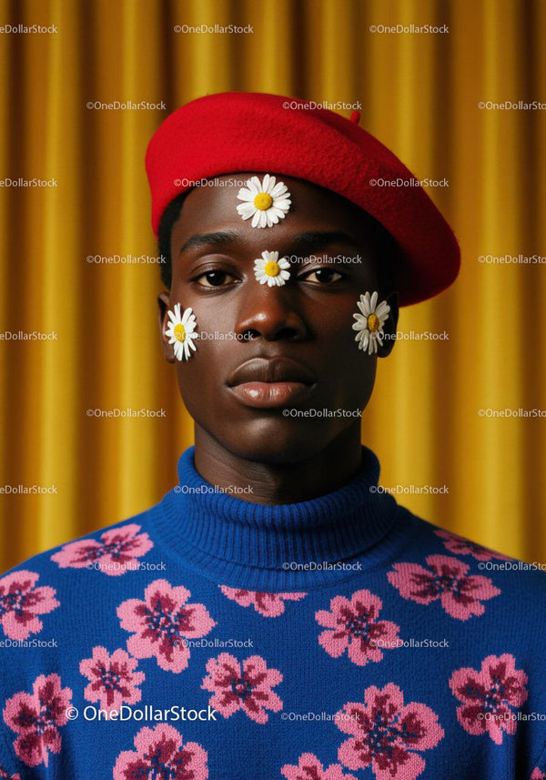 Young man in red beret with daisies on face