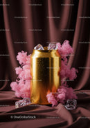 Gold beverage can with ice and pink smoke effect