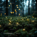 Twinkling lights glowing over lush green forest floor