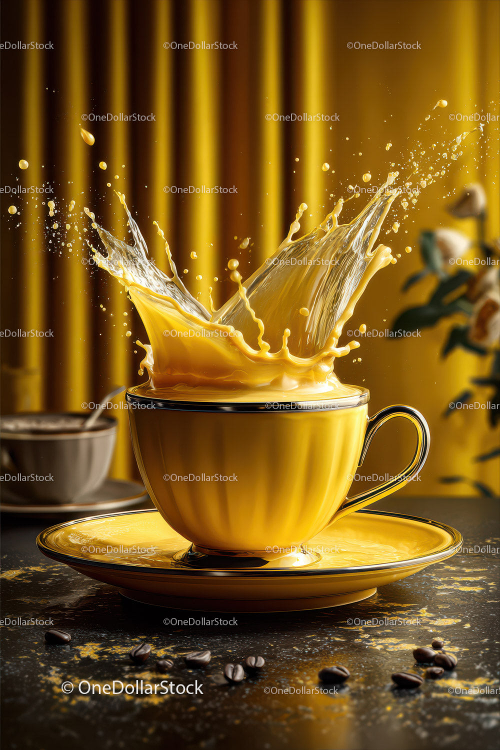 Vibrant Coffee Splash in Bright Yellow Cup with Coffee Beans