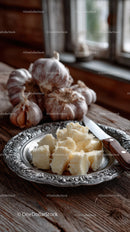 Fresh Garlic and Mashed Potatoes on Rustic Wooden Table