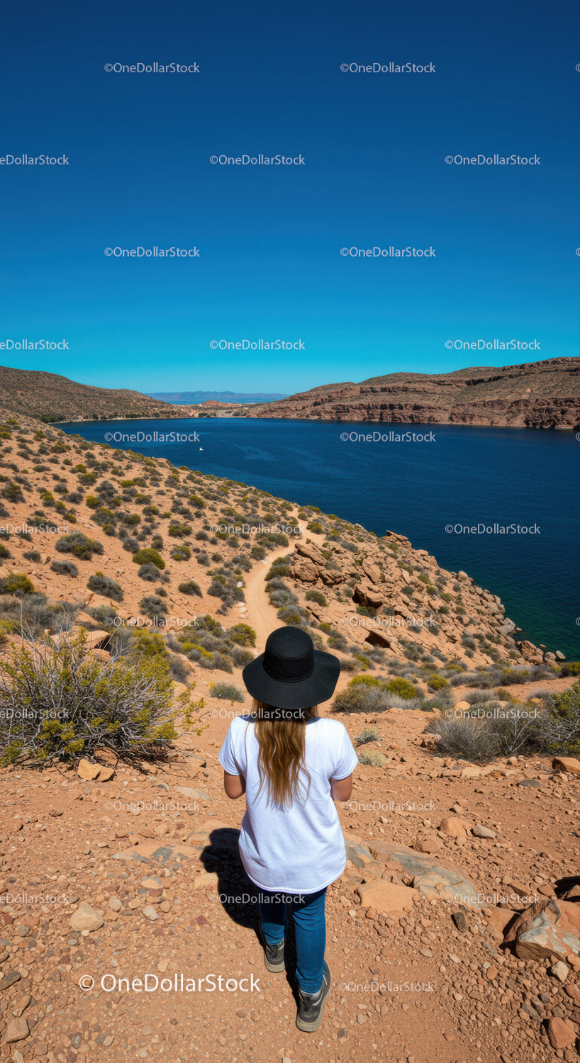 Scenic Desert Canyon Landscape with Woman Hiking Near Lake