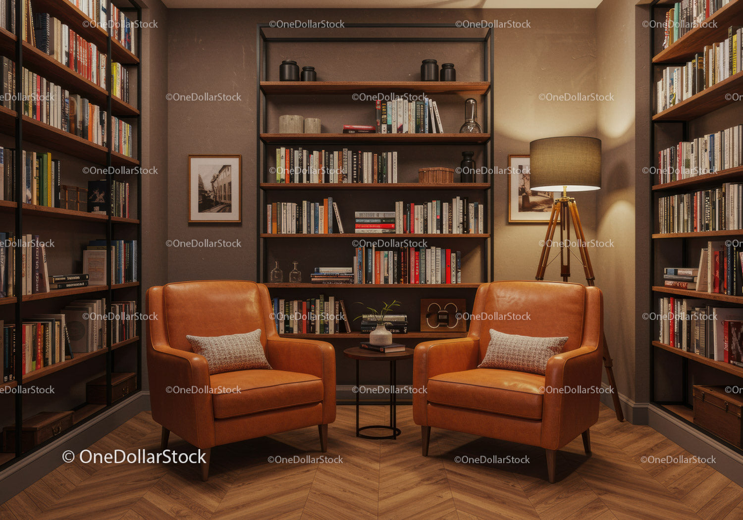 Cozy reading nook with leather chairs and bookshelves