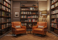 Cozy reading nook with leather chairs and bookshelves