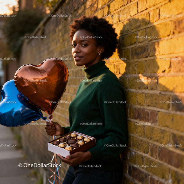 Young woman with heart balloons and chocolate gift box