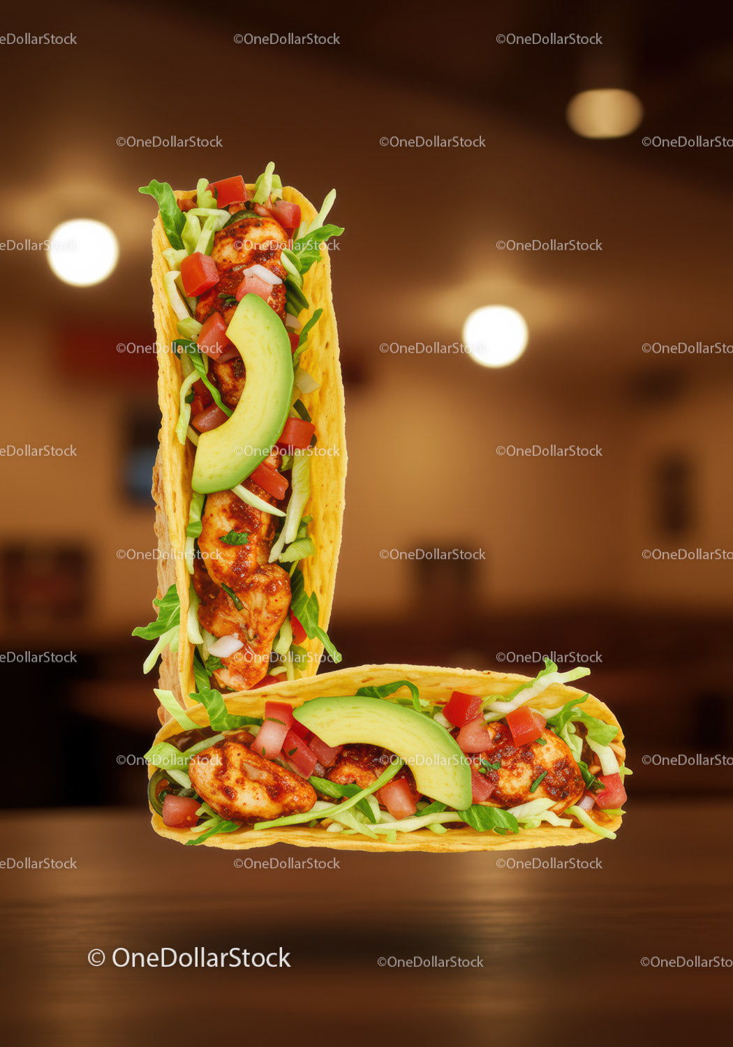 Two Chicken Tacos with Fresh Avocado and Vegetables