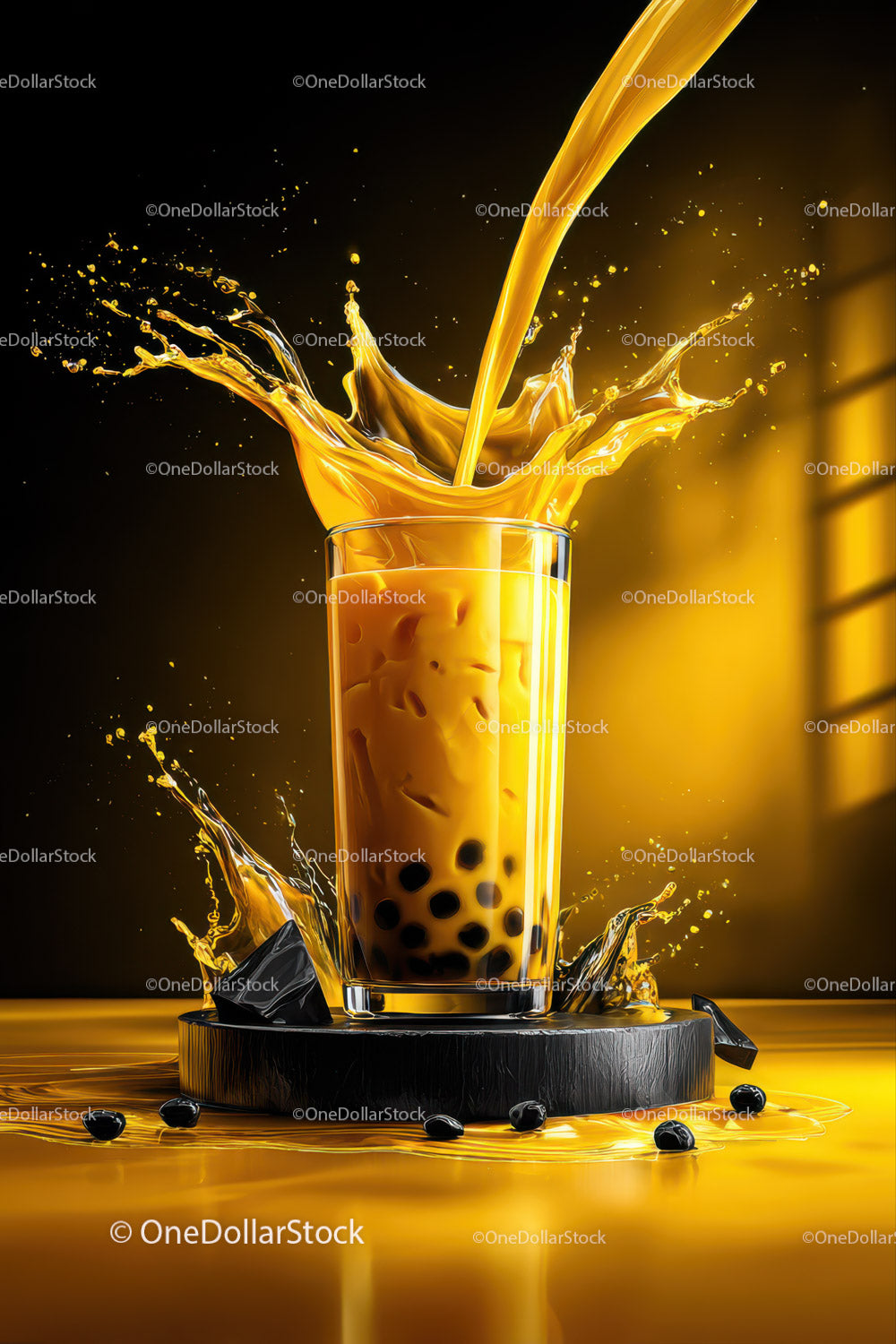 Vibrant Bubble Tea with Splash of Yellow Liquid and Black Pearls