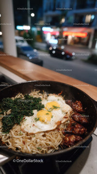 Sizzling ramen bowl with fried eggs kale and chicken wings