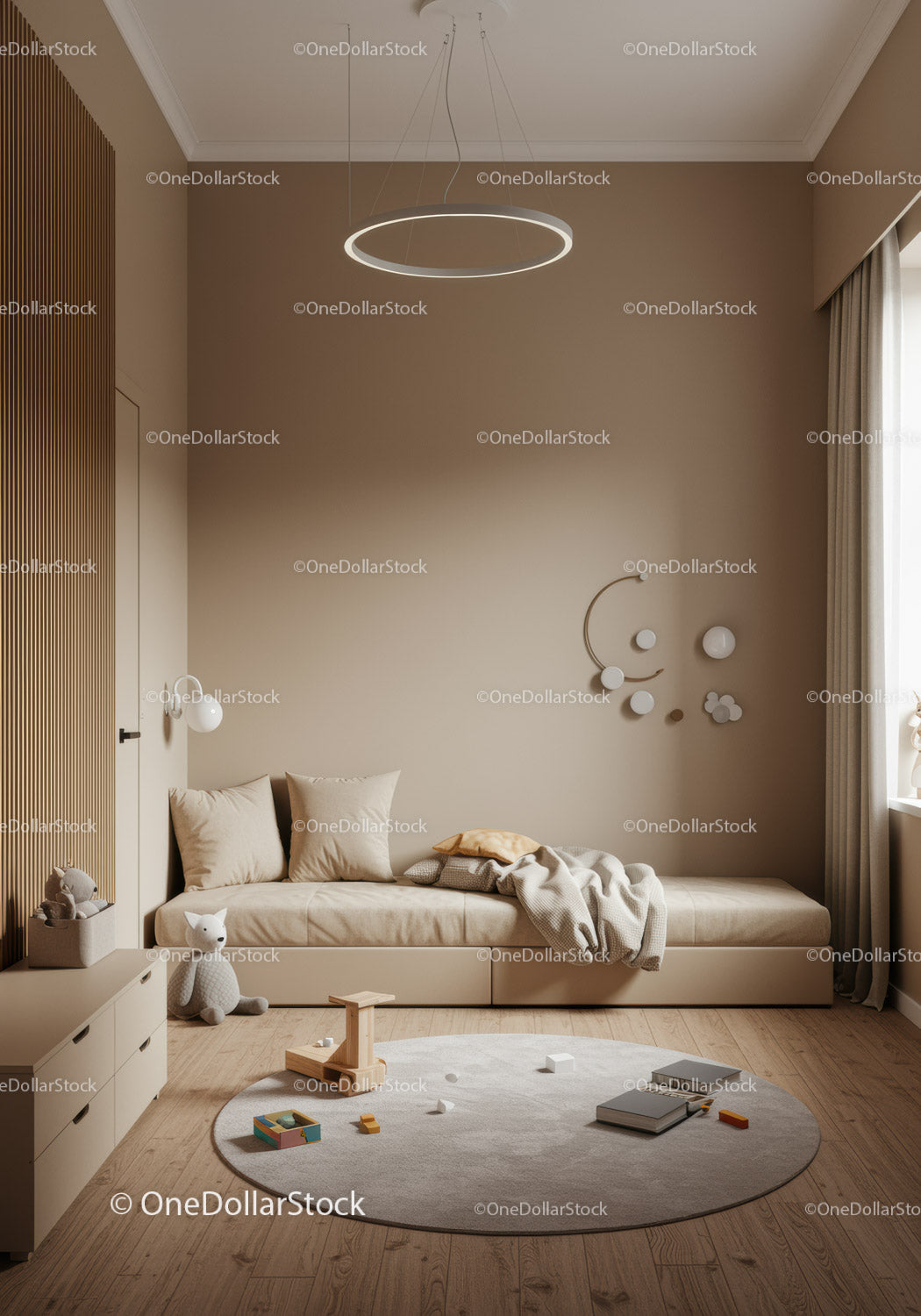 Elegant and Cozy Kids Bedroom with Neutral Tones and Playful Decor