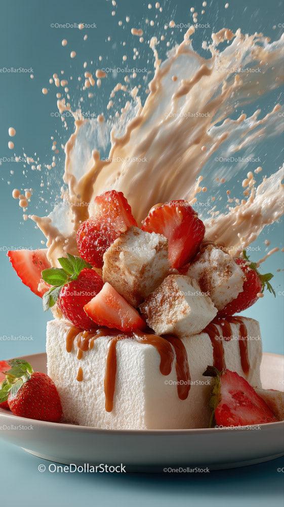 Fresh Strawberry Dessert with Cream and Caramel Splash