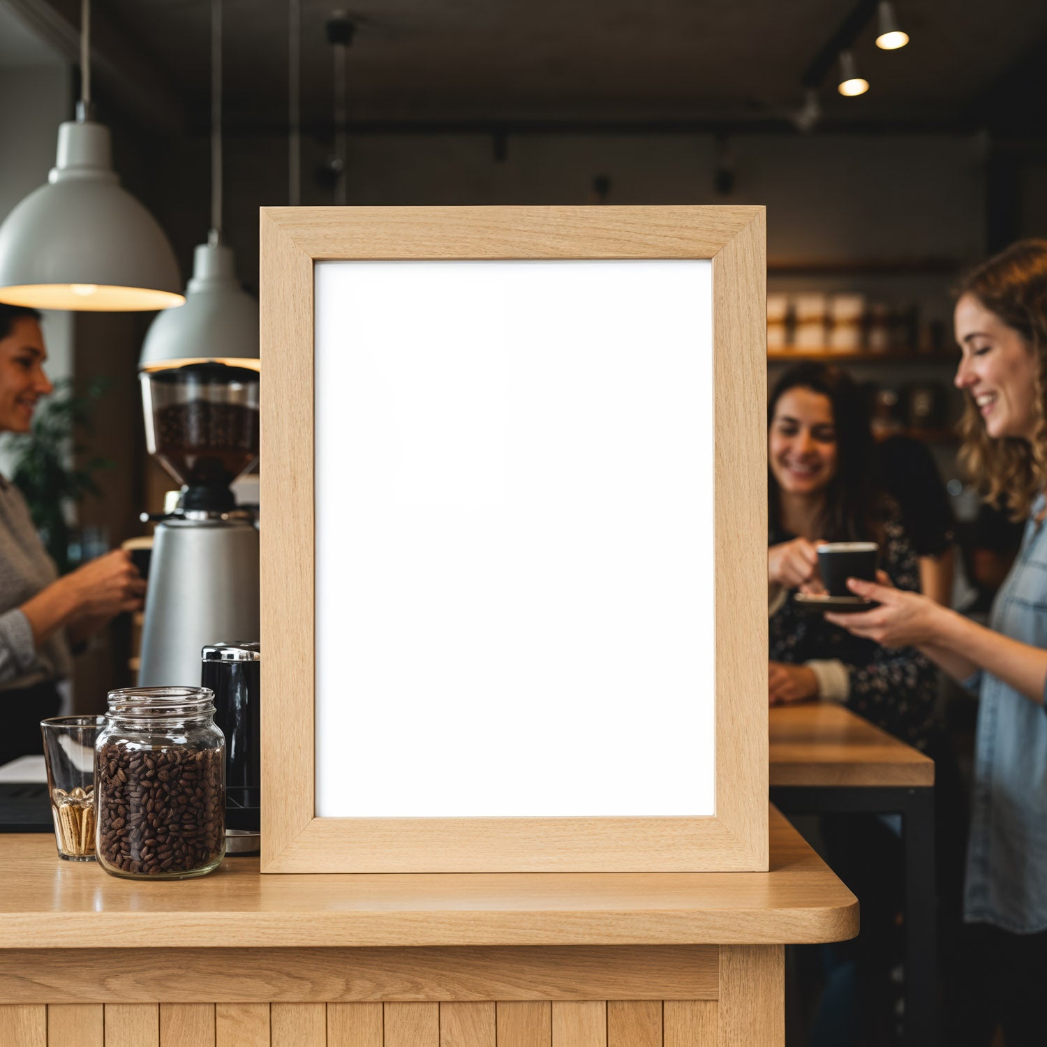 Cozy coffee shop with blank wooden menu frame
