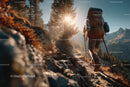 Hiker Trekking Mountain Trail in Sunlit Wilderness Nature Scene