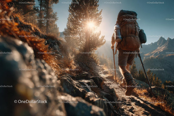 Hiker Trekking Mountain Trail in Sunlit Wilderness Nature Scene